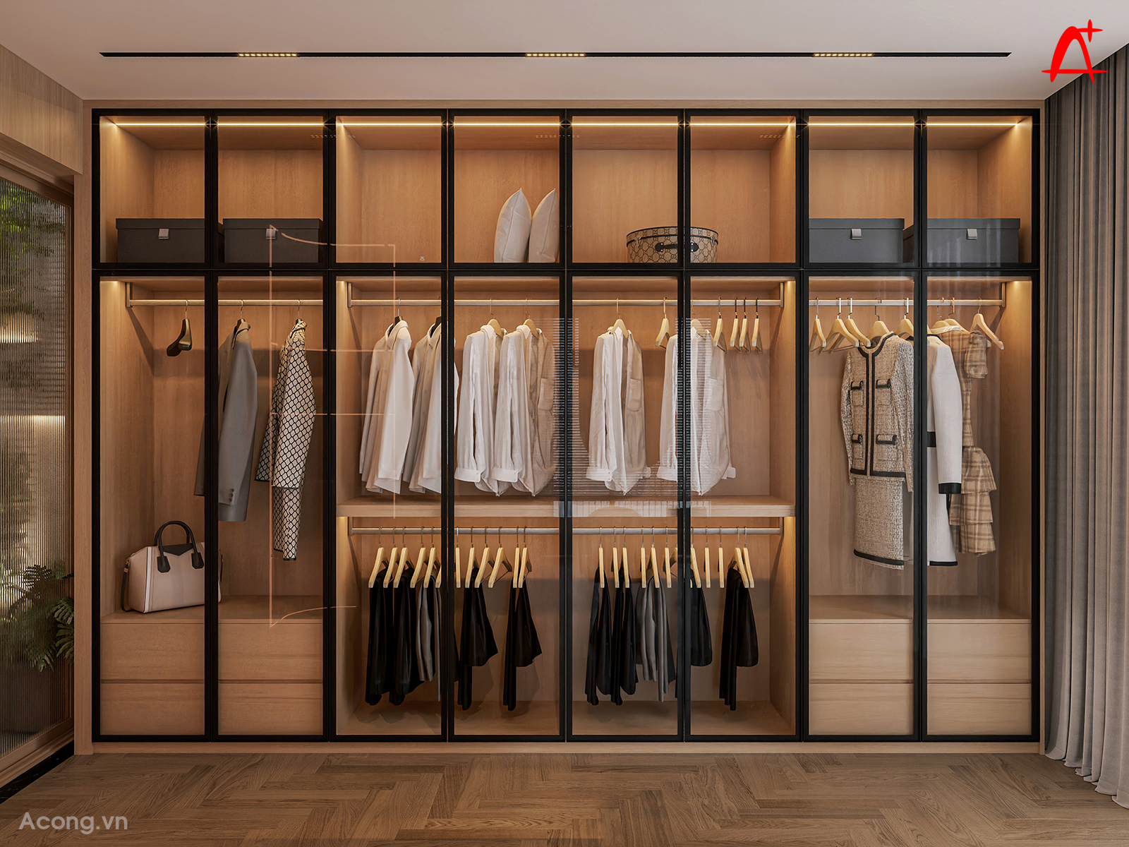 Hệ tủ quần áo thiết kế gọn gàng, kết hợp kính và ánh sáng giúp dễ sử dụng và tăng tính thẩm mỹ.